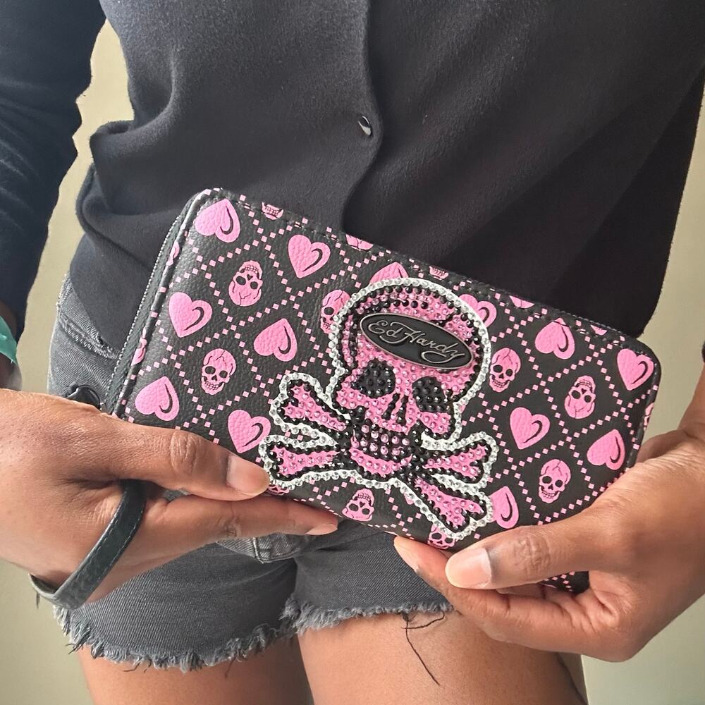 Ed Hardy Pink and Black Wristlet Wallet One Size
